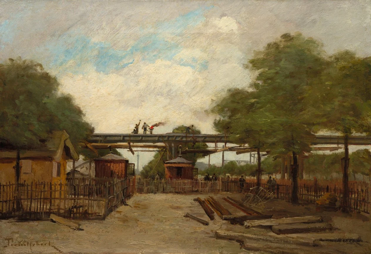 Workers construct an elevated railway bridge above a tree-lined street in an 1888 oil painting.