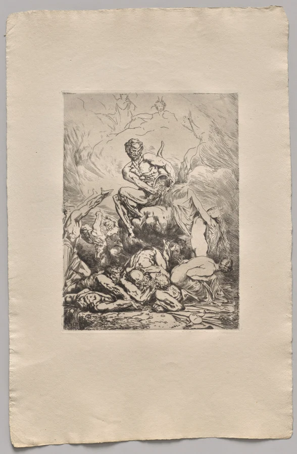 An 1865 allegorical etching shows a skeletal figure above a chaotic crowd reaching for money.
