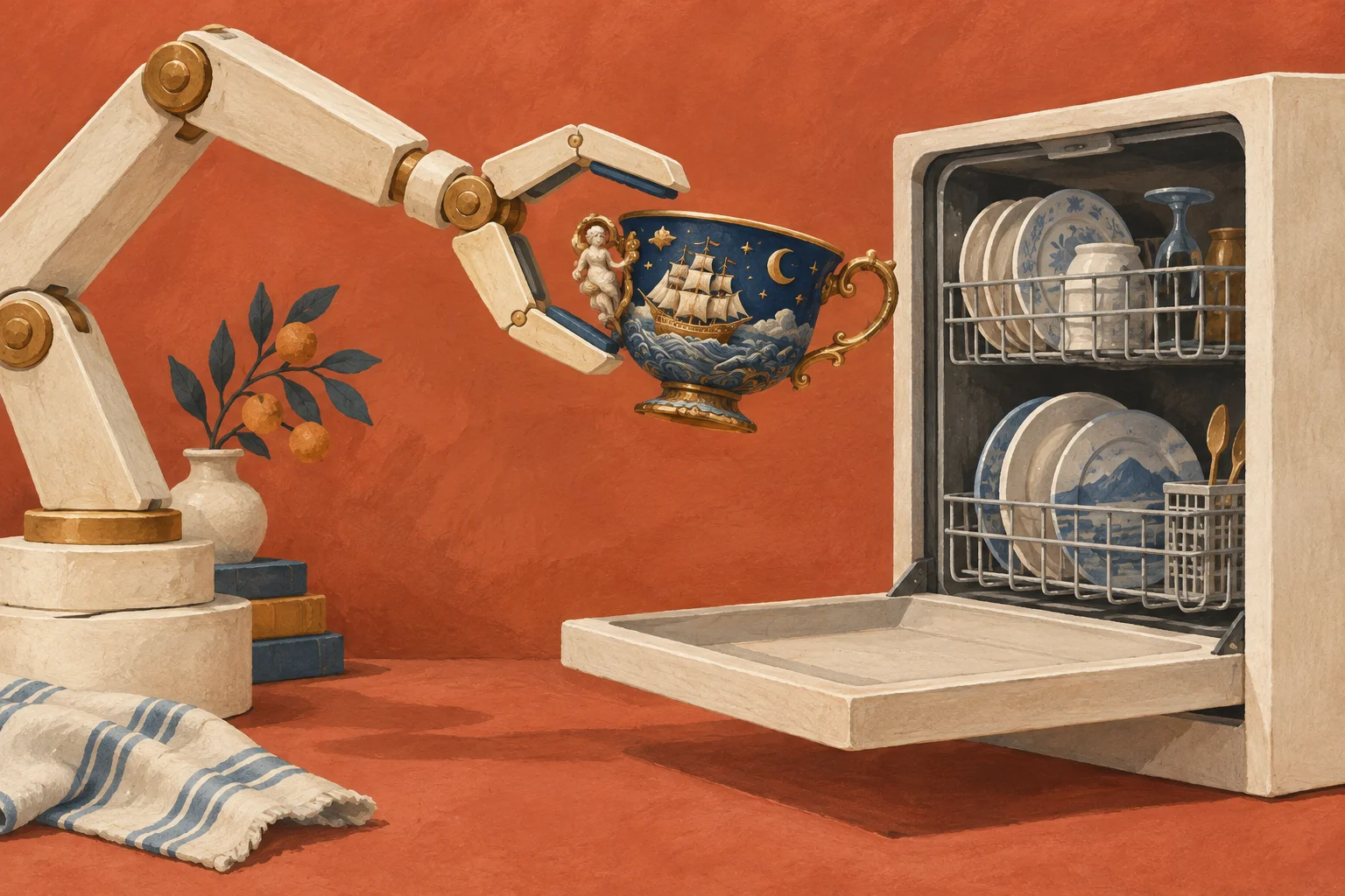 A delicate cream mechanical gripper tries to place one absurdly elaborate navy teacup into an open cream dishwasher