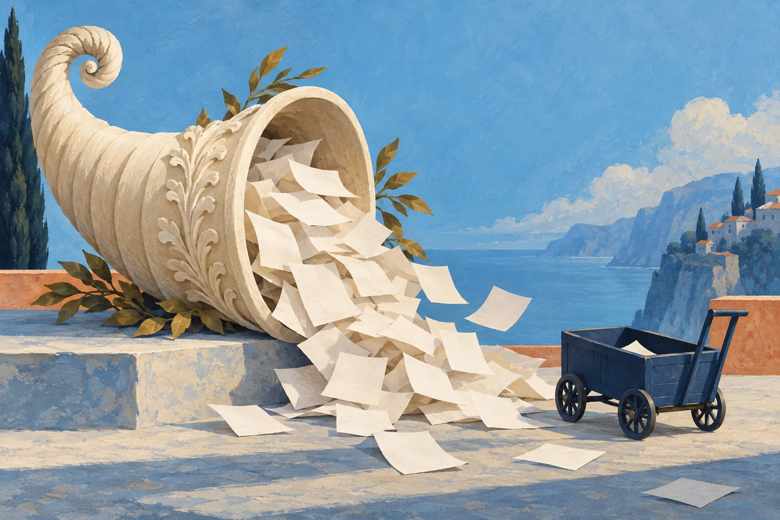 A magnificent cream cornucopia pours blank promises on paper instead of fruit; one tiny navy delivery cart waits