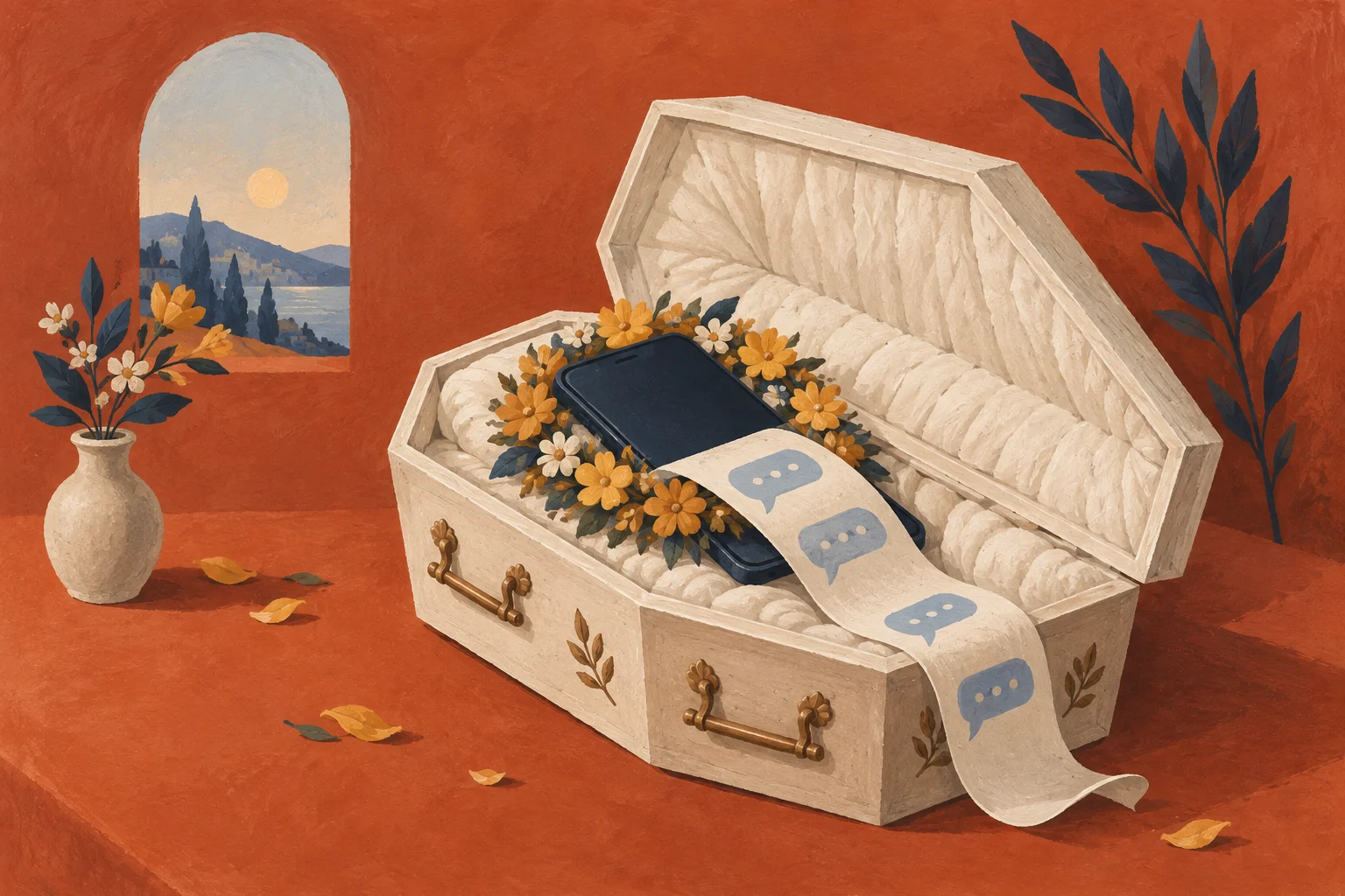 A small navy smartphone rests in an open cream ceremonial coffin, with a bright ochre wreath and a messaging-paper ribbon