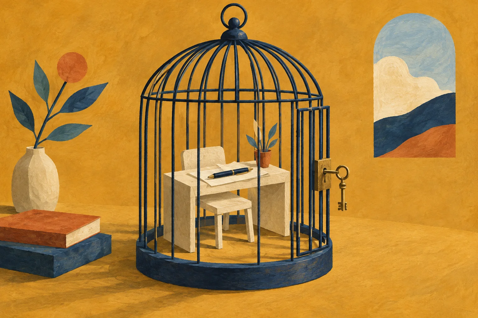 A small cream paper desk and mechanical pen are enclosed in an elegant navy birdcage whose door has a brass key