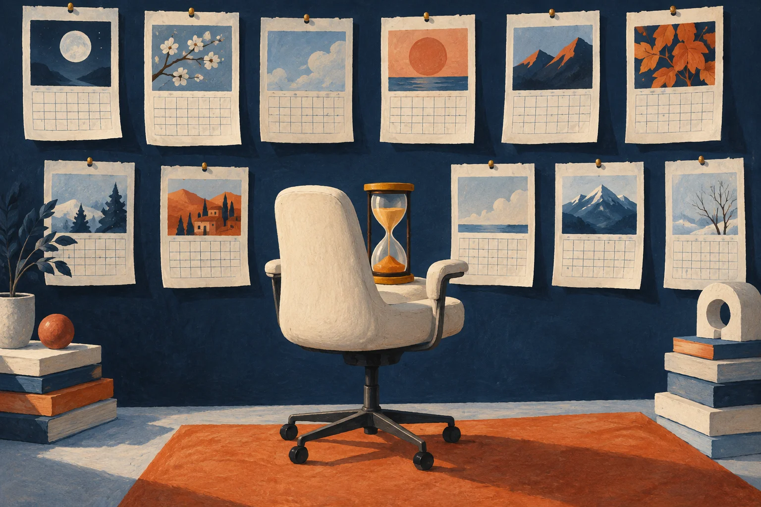 A cream office chair faces a wall of calendar pages, with an ochre hourglass on the seat