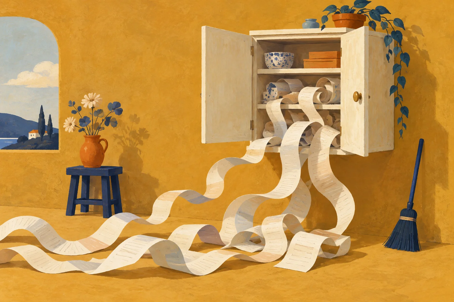 An open cream cabinet releases long paper ribbons; a tiny navy broom waits below