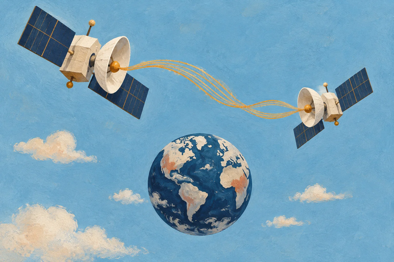 Two cream satellites exchange an ochre thread of data above a tiny navy globe, one dominant orbital composition