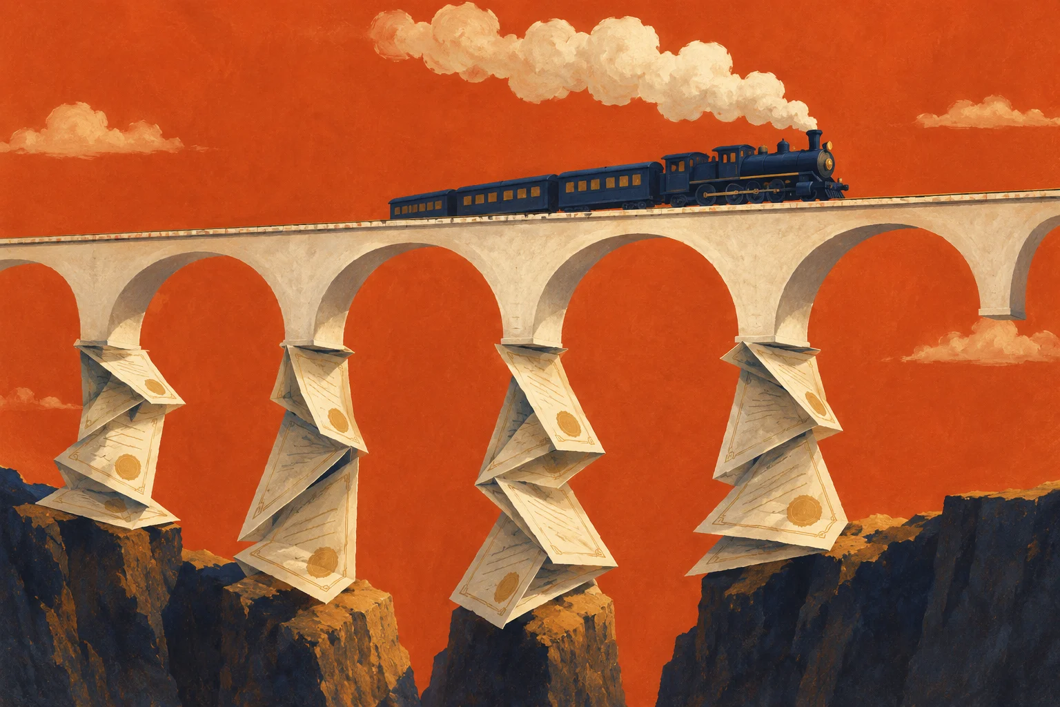 An imagined cream-paper railway viaduct supported by promissory notes.