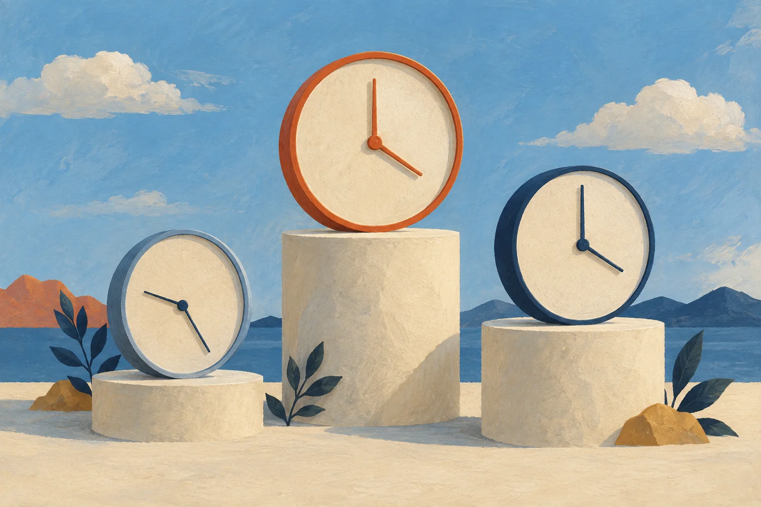Three elegant clock faces stand on differently sized cream pedestals, each with a different hand position, no numerals