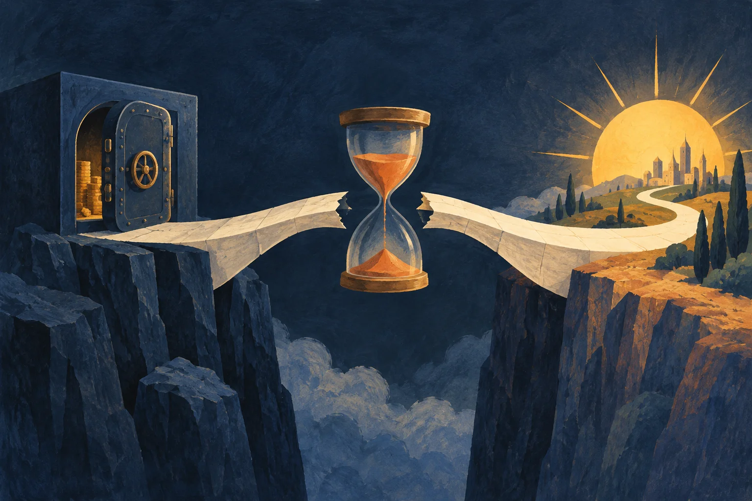 A cream-paper bridge links a golden future sun to a navy bank vault, but the bridge is interrupted by an hourglass