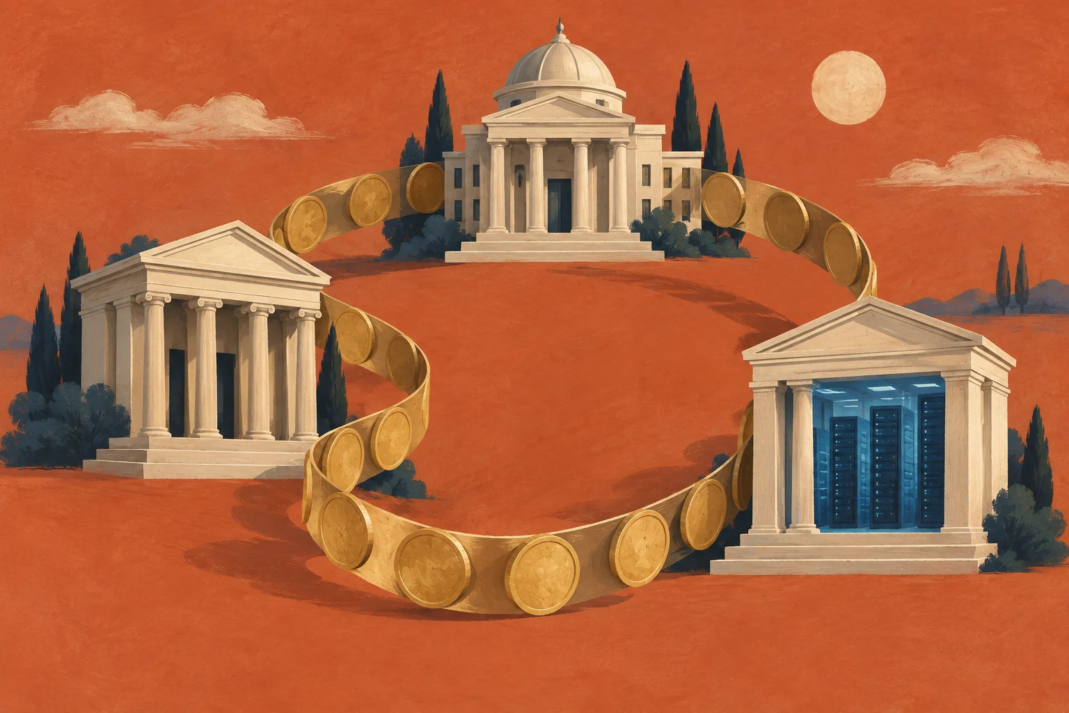 Three cream classical buildings connected by a circular ribbon of ochre coins, one building containing blue server racks