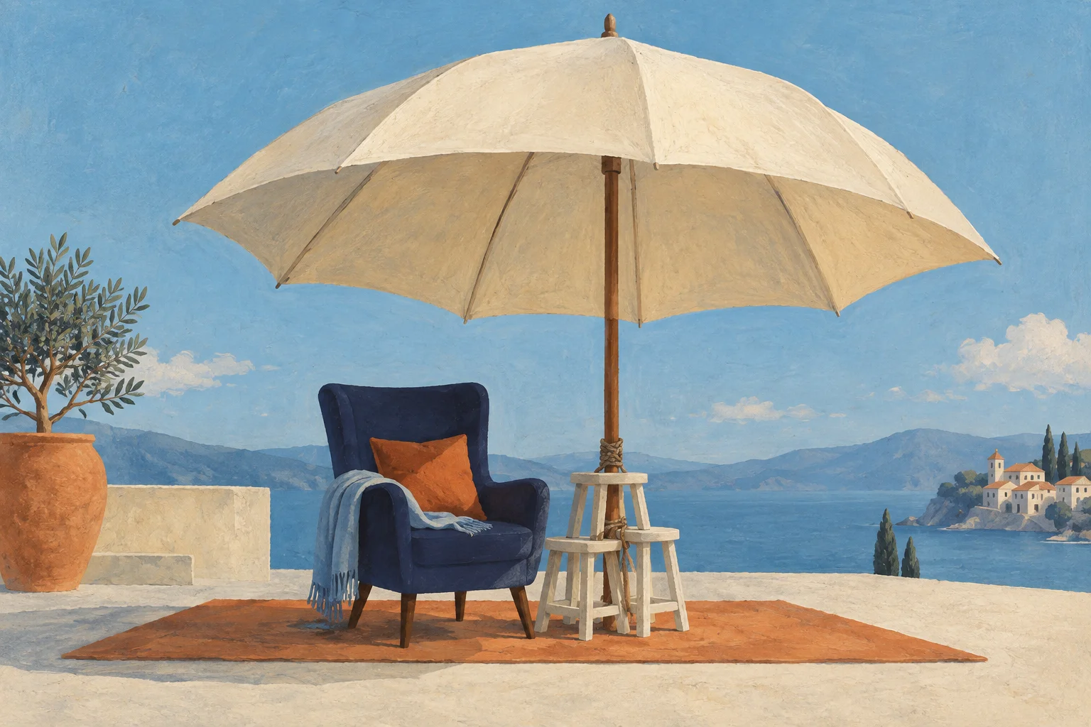 A large cream umbrella shelters one navy upholstered chair while several small cream work stools hold its pole
