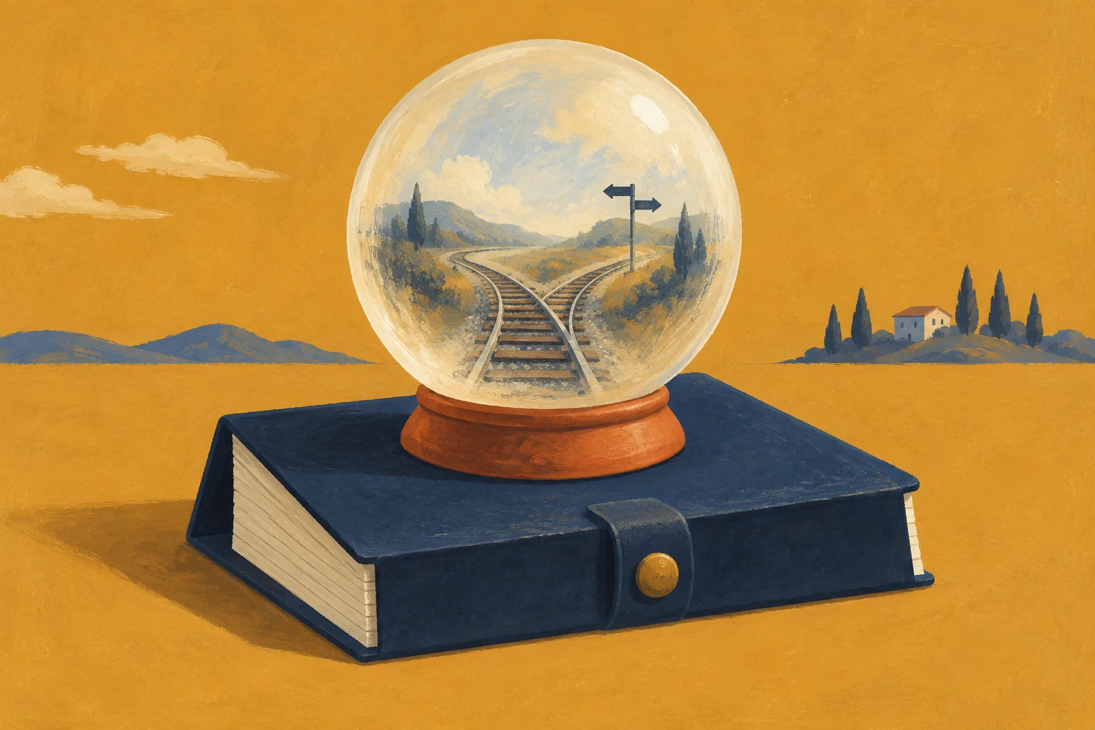 A cream crystal ball contains a tiny uncertain railway fork and sits on a closed navy calendar with blank pages