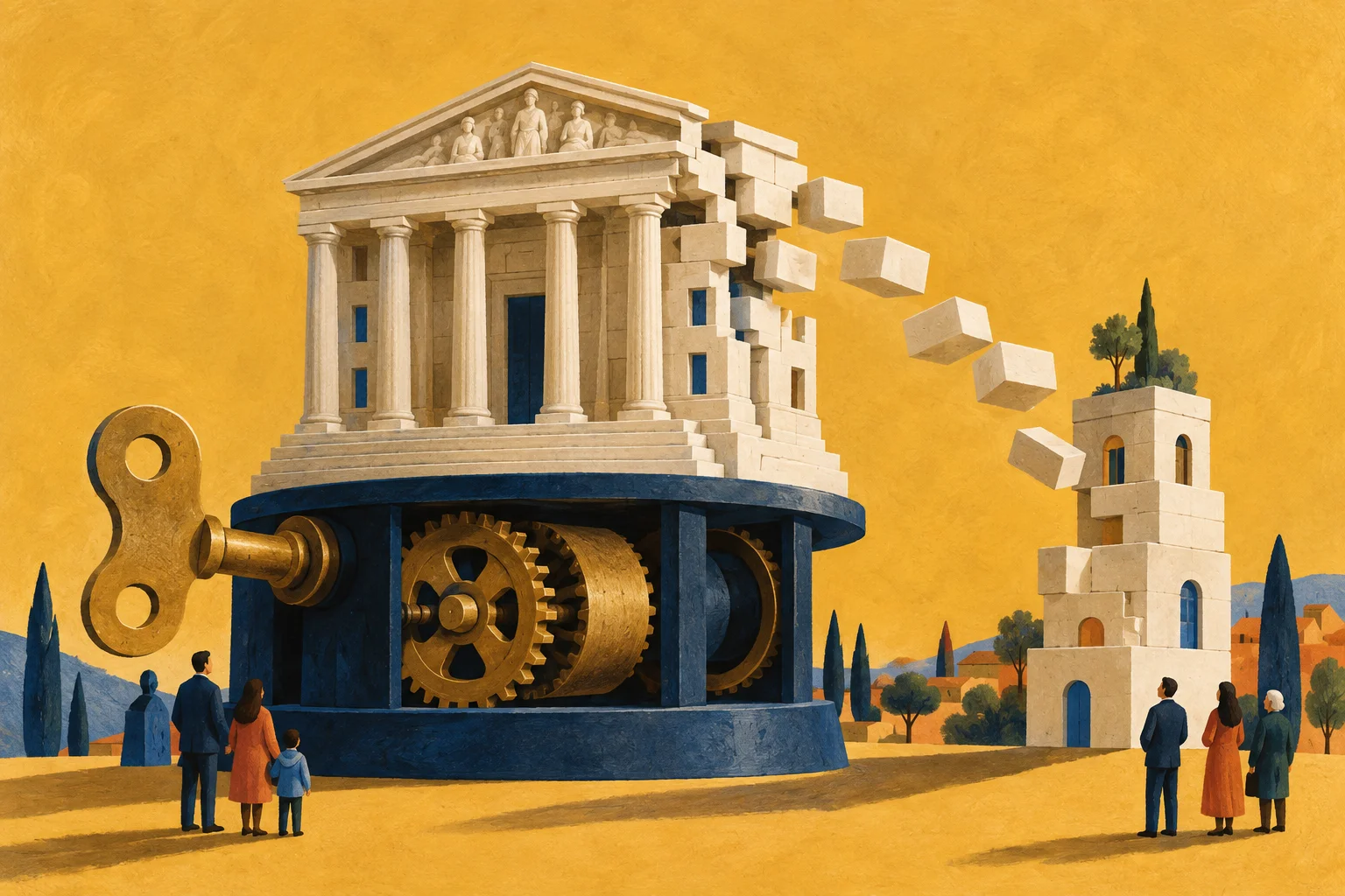 A cream bank facade on a wind-up mechanism disassembles into blocks that form a new tower against an ochre background.