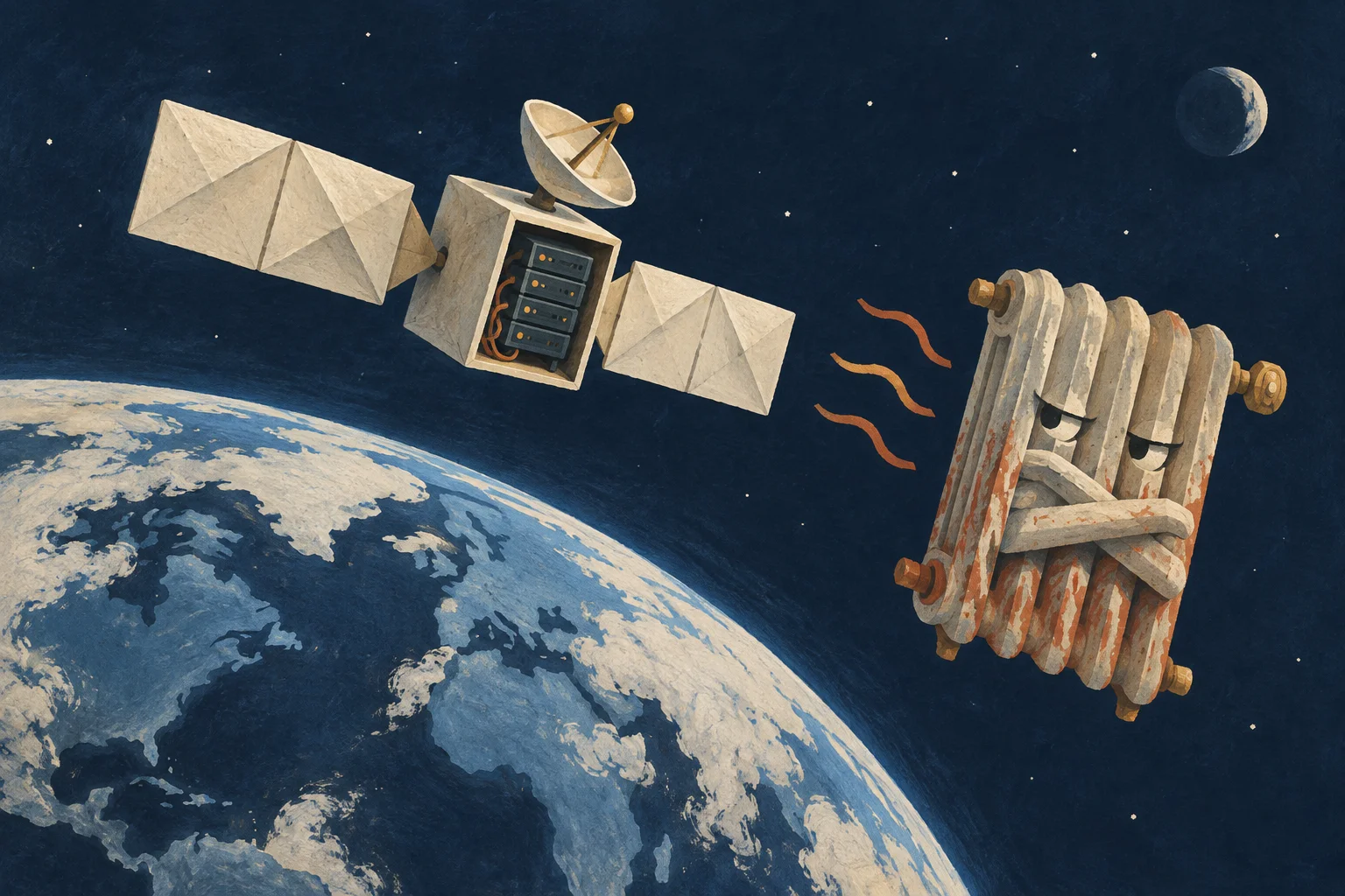 A cream folded-paper satellite carrying a tiny server cabinet floats above a navy globe and an uncooperative heat radiator