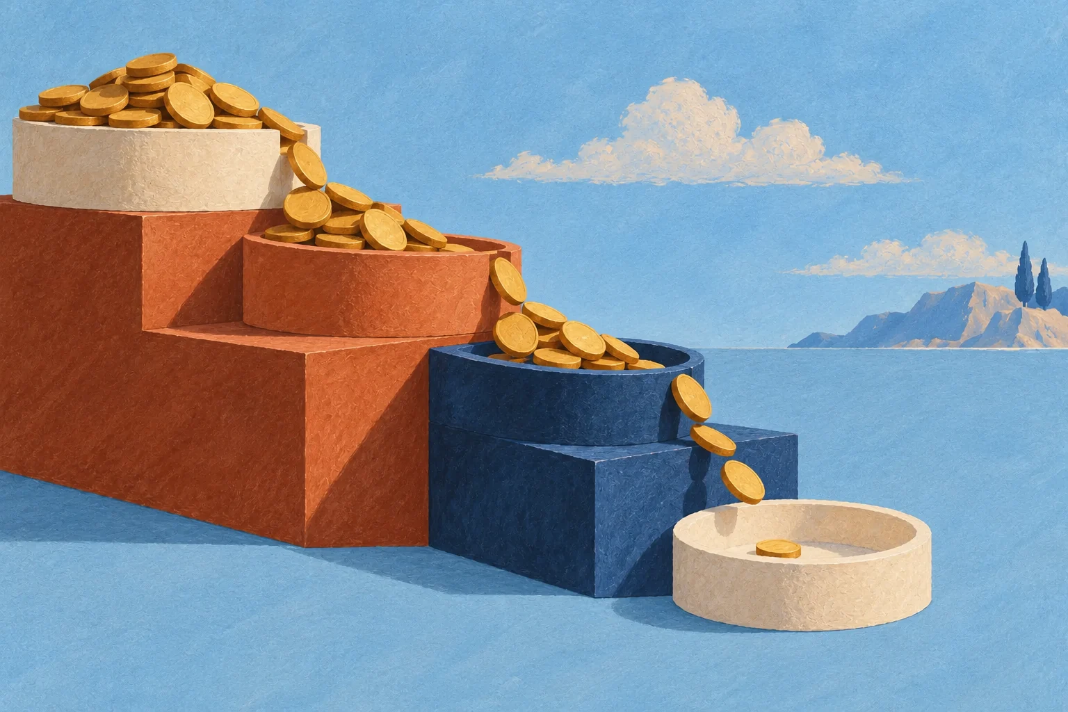 Ochre coins cascade across cream, terracotta and navy tiers toward an almost empty basin.