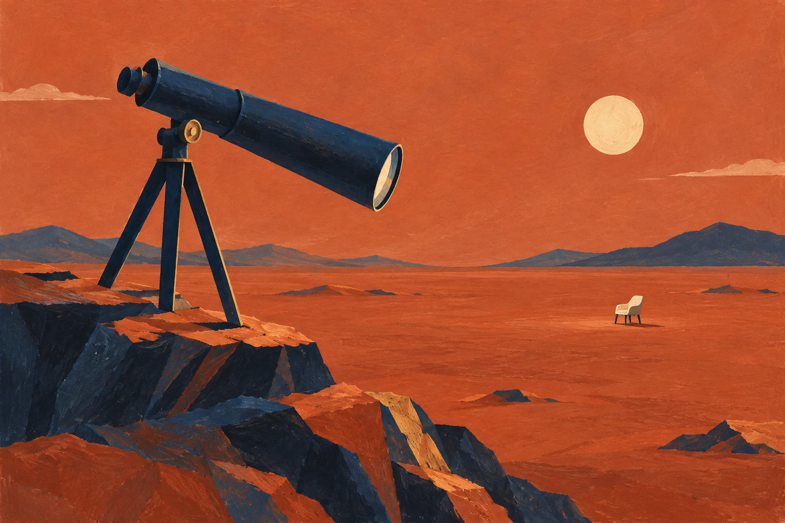 A navy telescope searches across an empty terracotta landscape toward one tiny cream customer chair