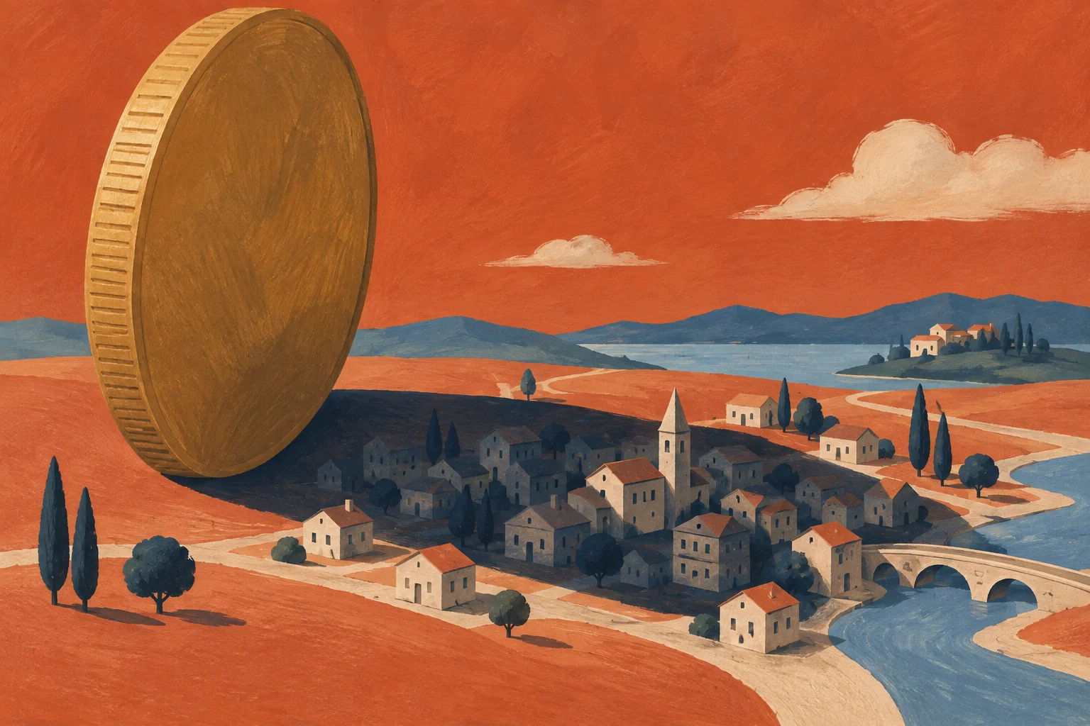 An immense ochre coin casts a geographic shadow across a miniature cream-paper town