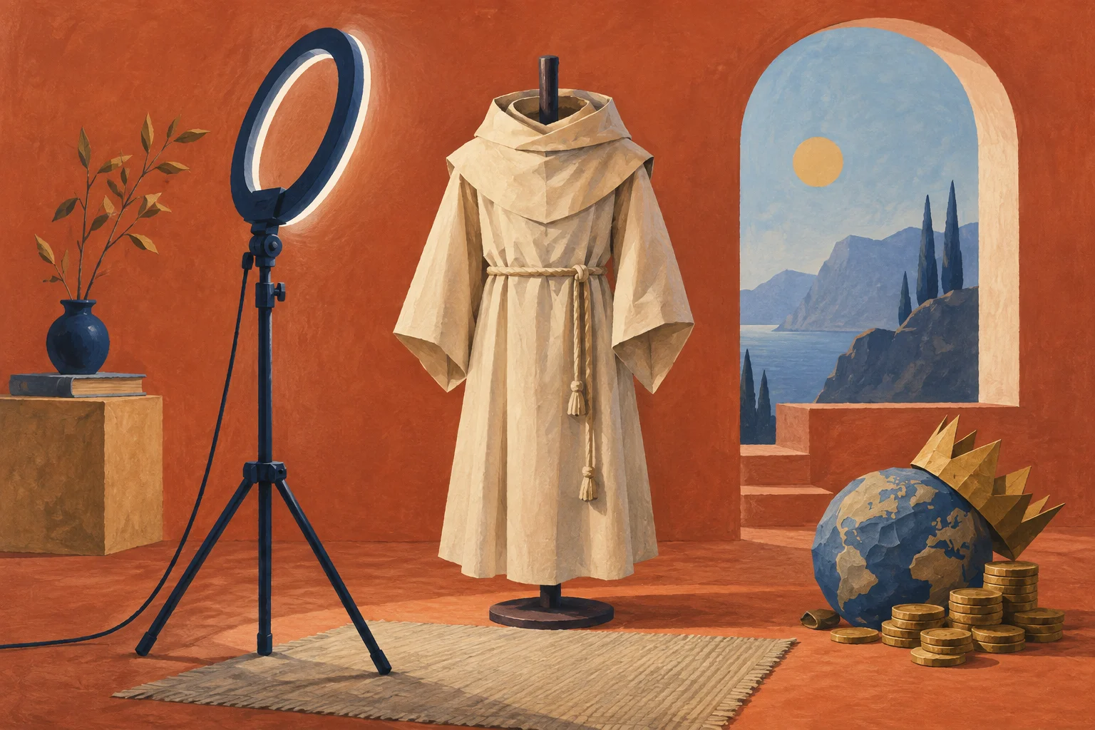 A cream monk-like empty robe on a stand is illuminated by a navy camera ring light, no human figure