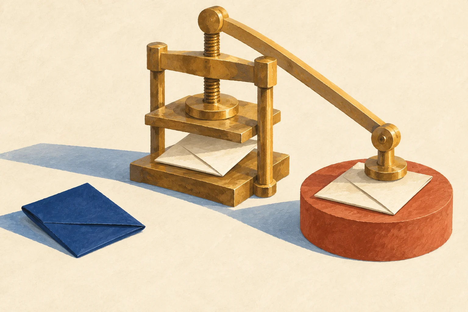 A brass copying press holds a folded cream document beside an unpressed navy envelope.