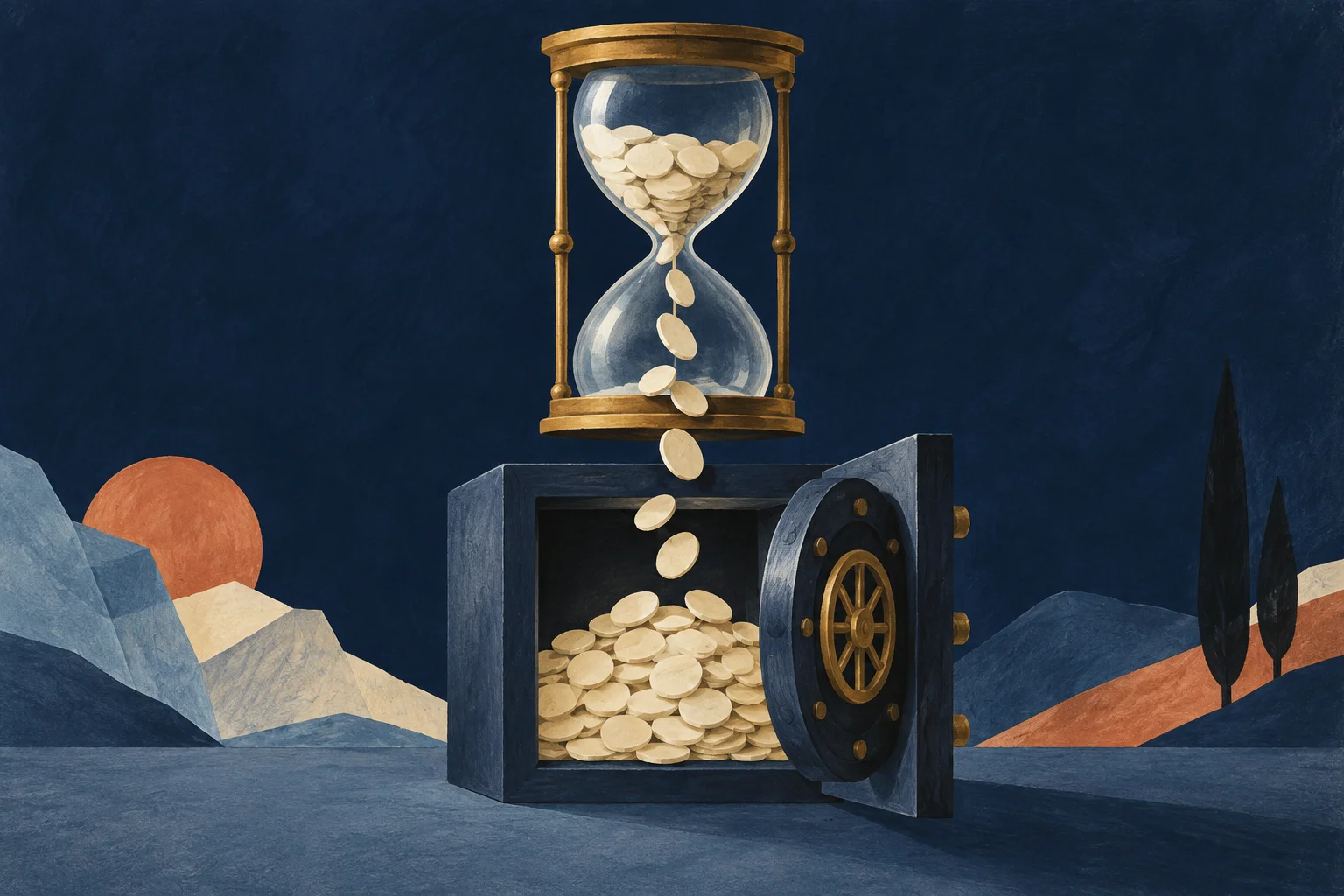 A brass hourglass pours cream paper coins into a navy bank vault below
