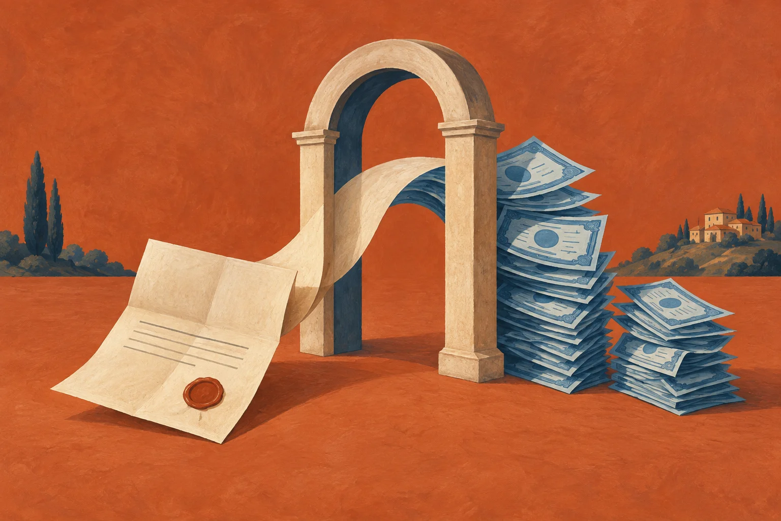 A cream folded promissory note transforms through an architectural arch into two uneven columns of blue share certificates
