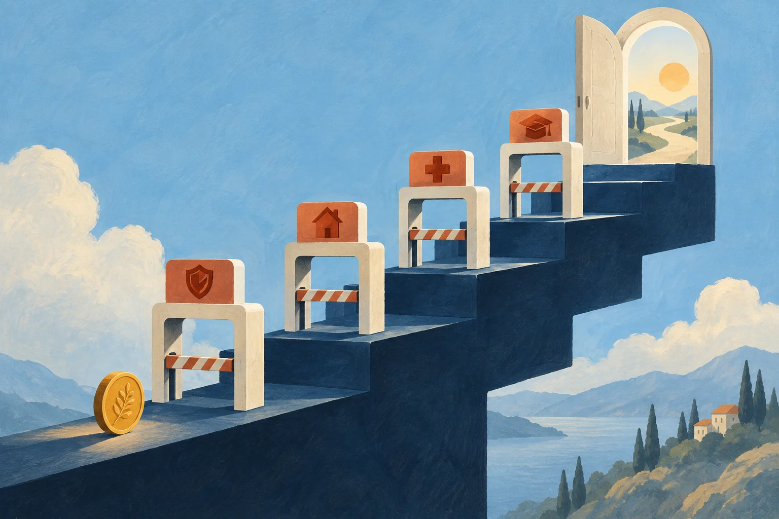 A cream exit doorway opens onto a stepped navy staircase where one small golden coin must pass several toll gates