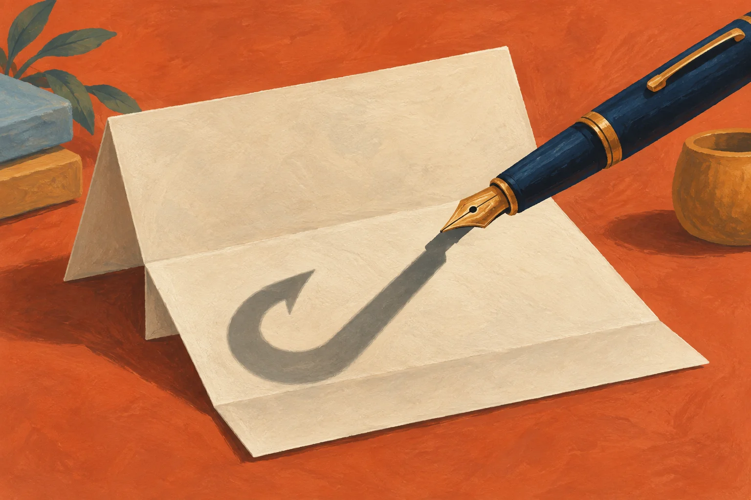 An elegant navy fountain pen casts the unmistakable shadow of a large hook onto a cream folded promissory note
