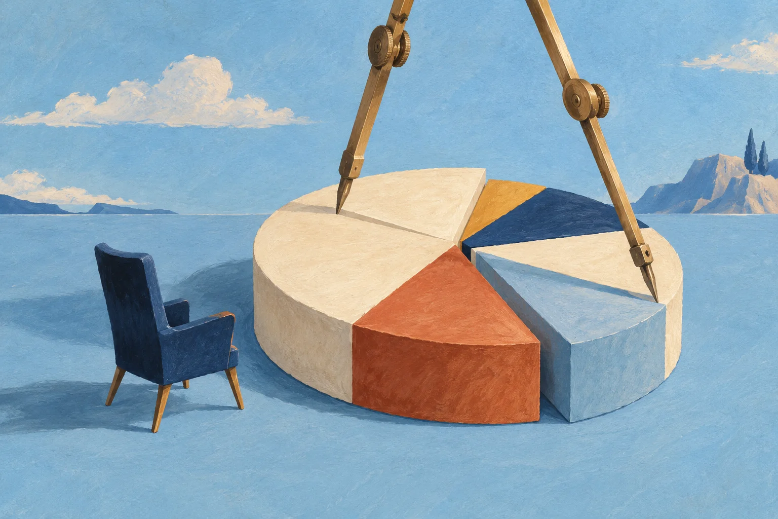 A cream ownership pie is sliced by two refined brass drafting compasses, with a small navy founder chair beside it