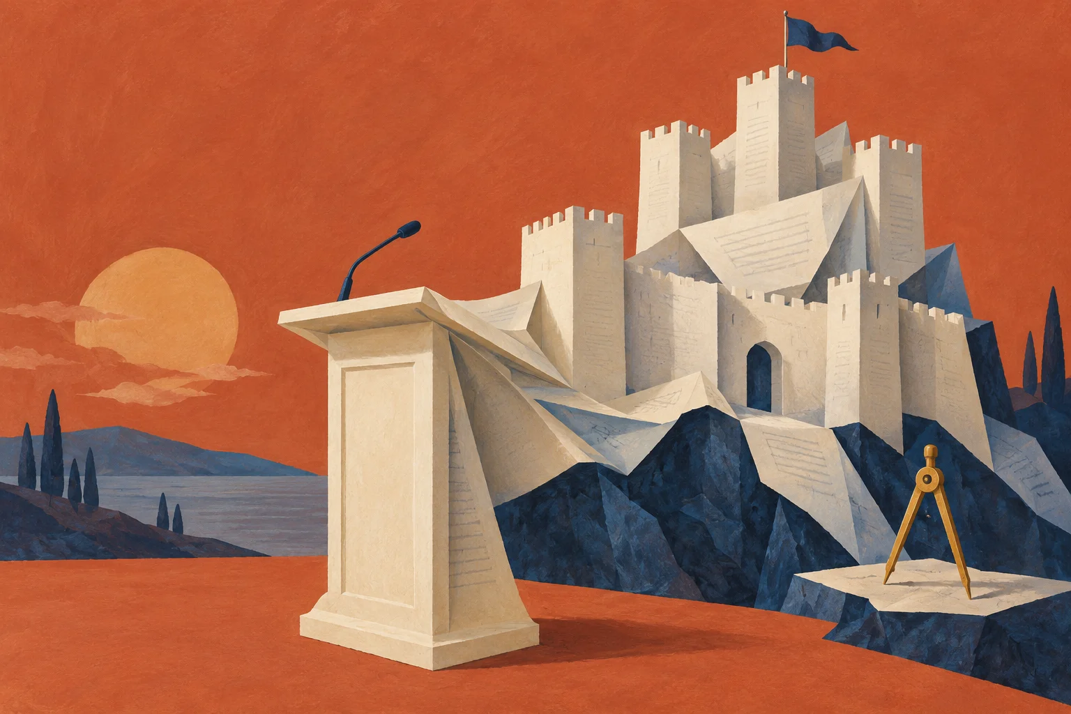 A cream presentation lectern unfolds into an abstract paper fortress, with one small golden measuring instrument