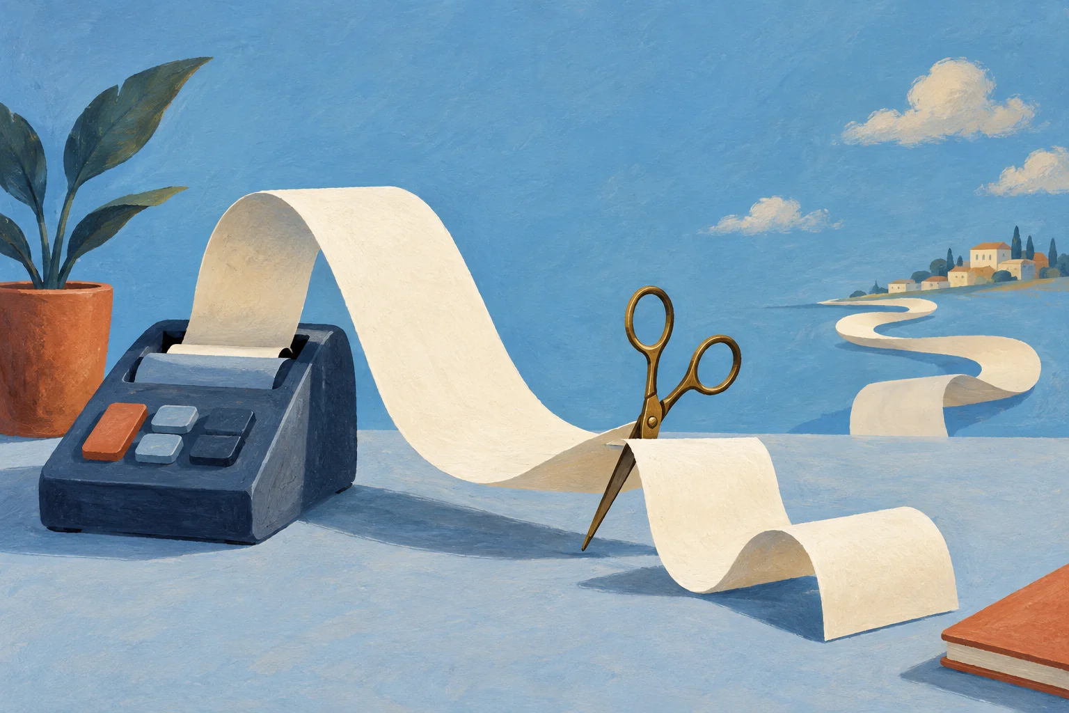 A tiny pair of brass scissors trims a very long ribbon of cream paper emerging from a modest terminal
