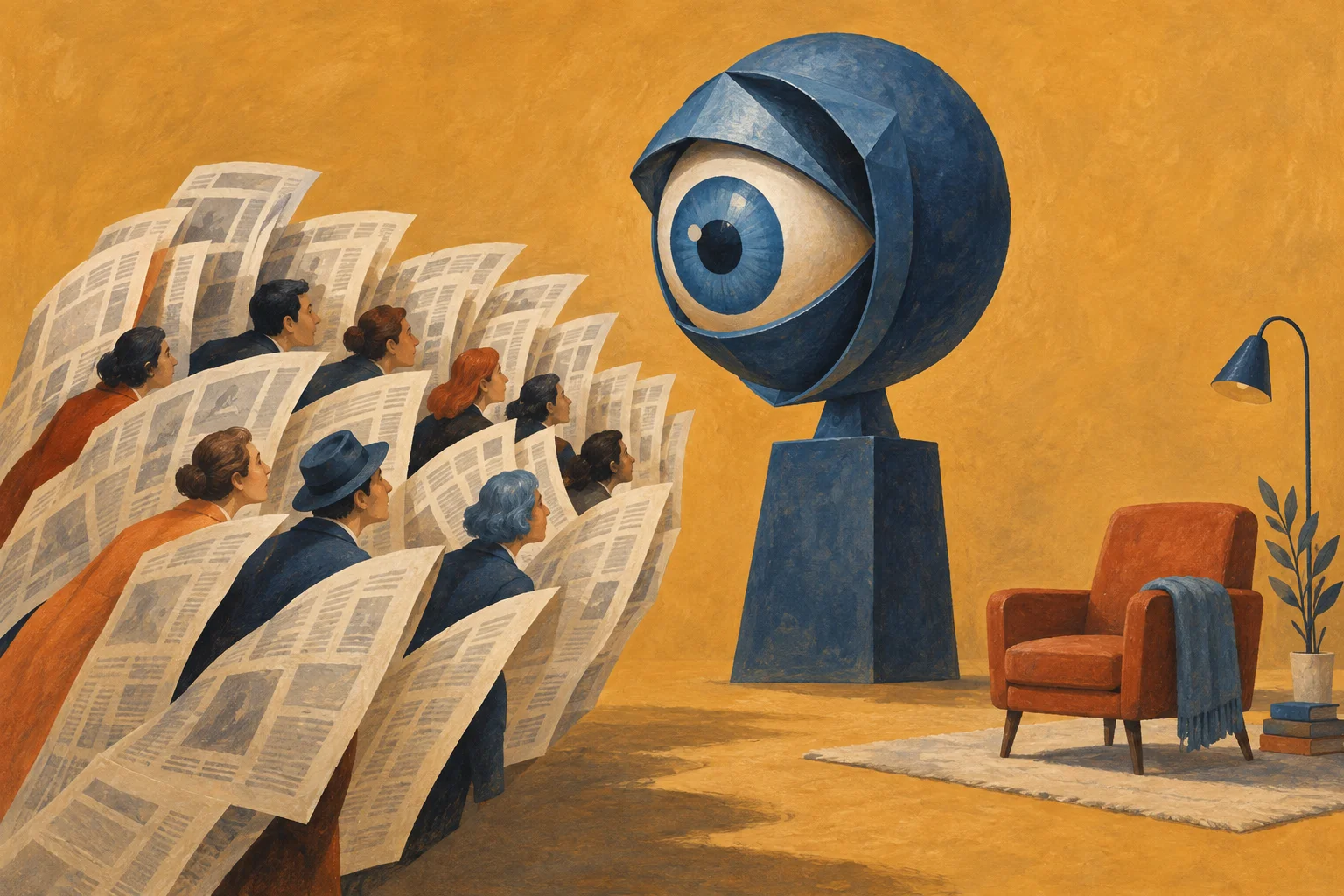 A cream newspaper fan curves toward a single blue mechanical eye, ignoring an empty reading chair