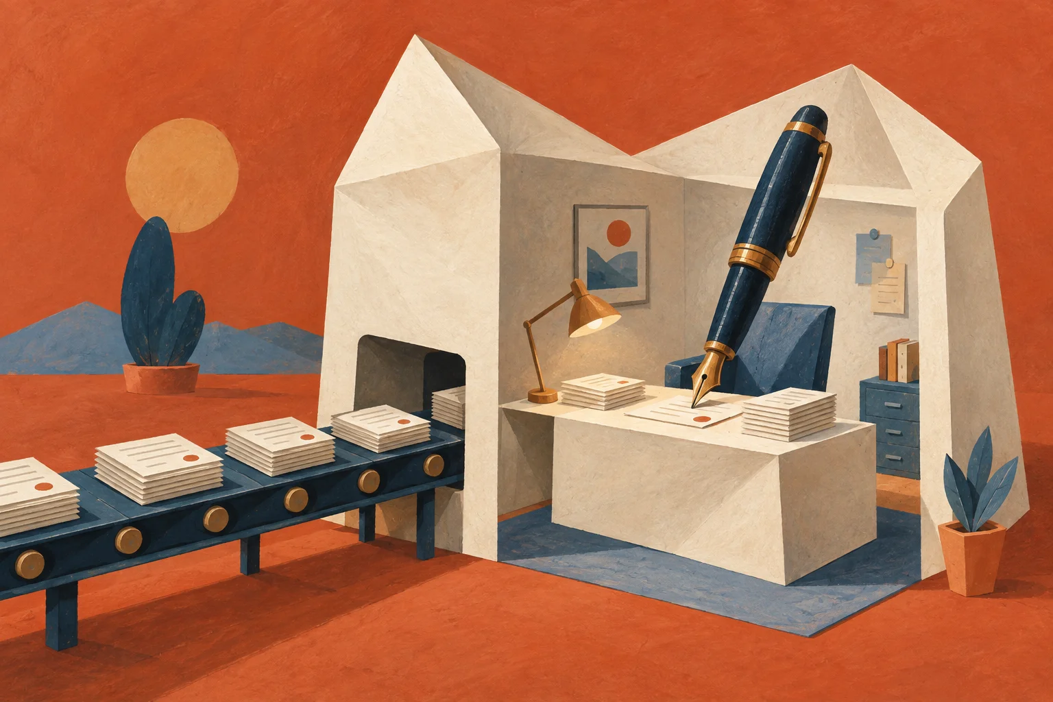 A small navy conveyor of cream proposals feeds a folded-paper office occupied by one enormous fountain pen
