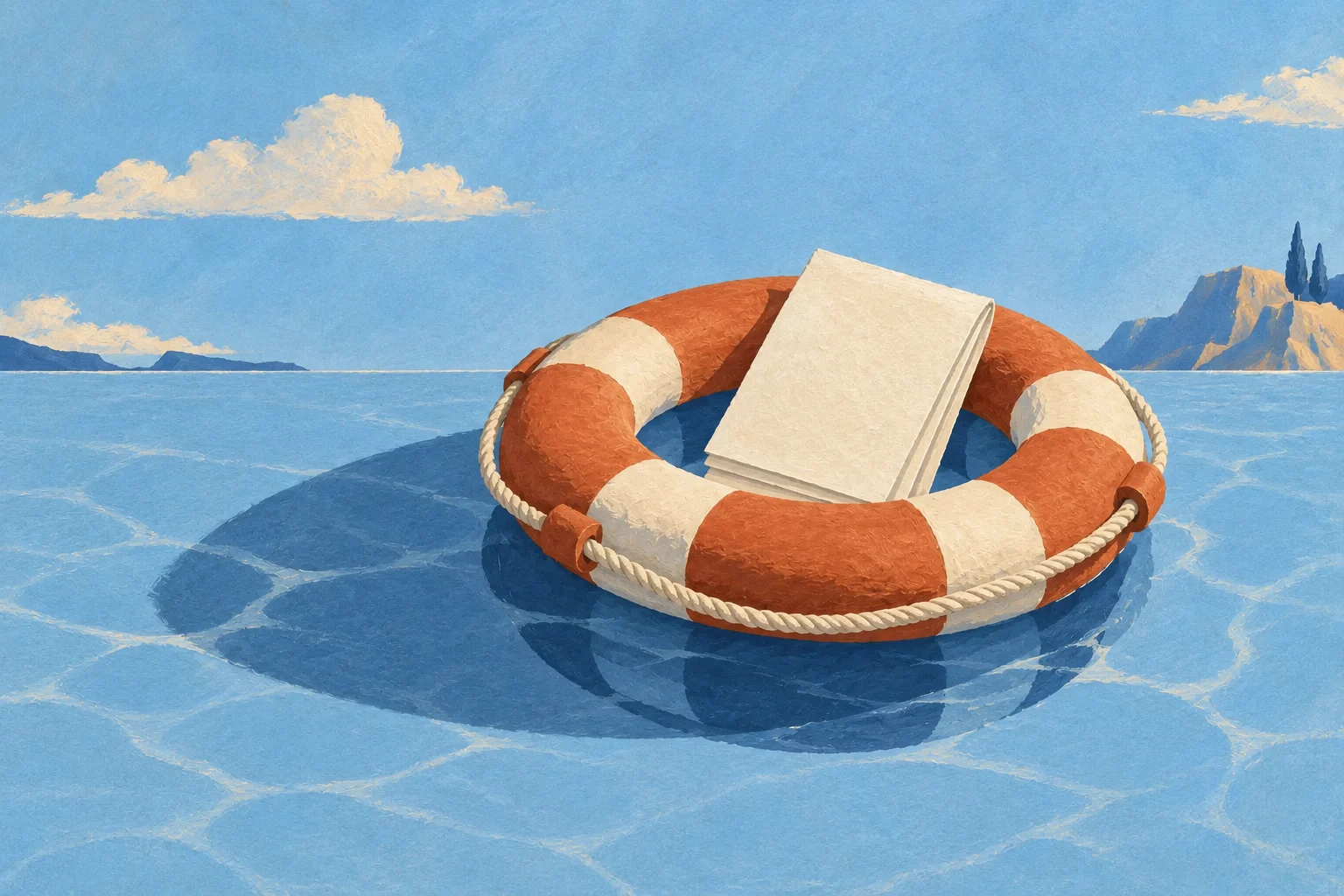 A cream folded document rests inside a terracotta life ring on blue water.