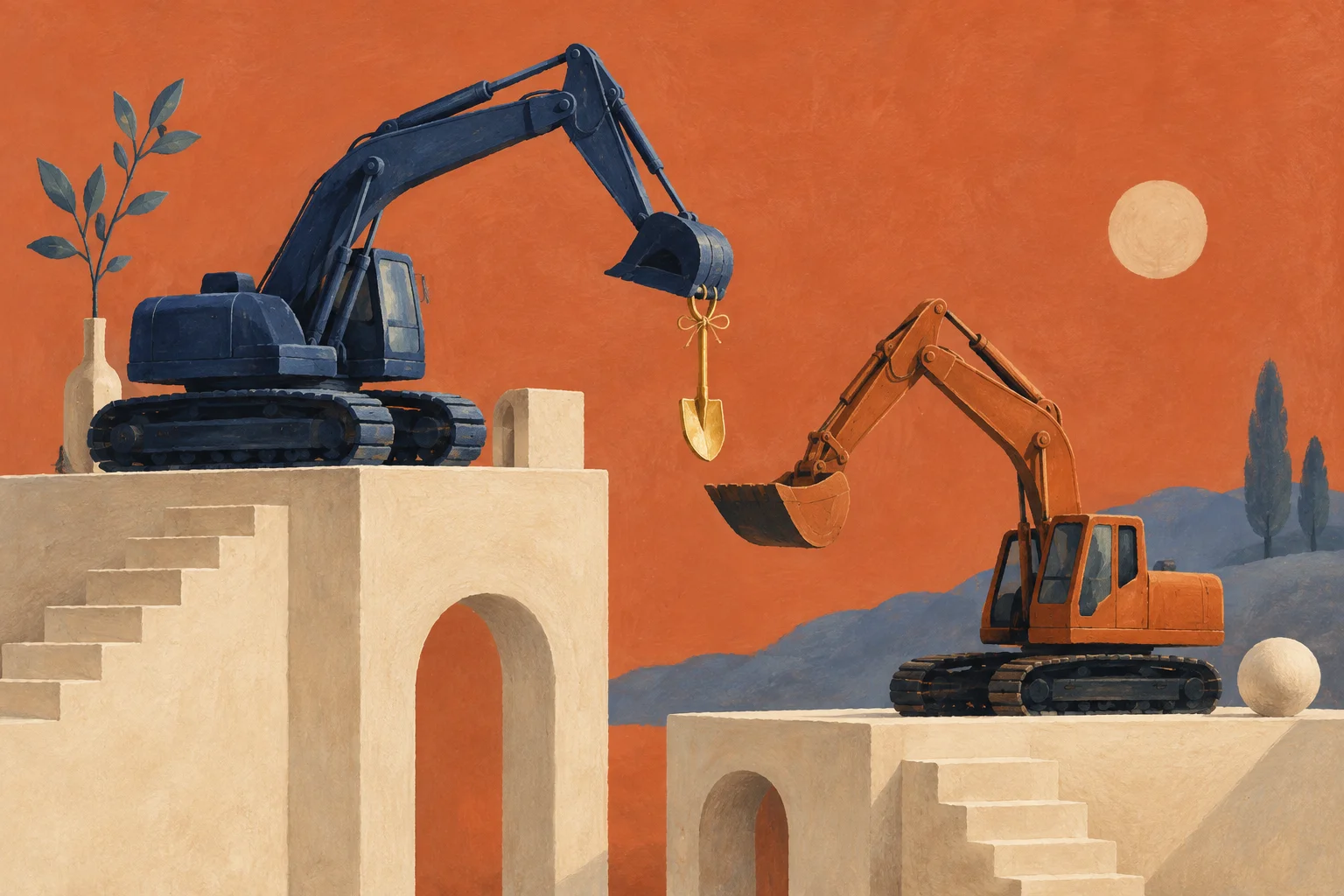A navy excavator delicately sells a golden miniature shovel to another excavator, on cream architectural blocks