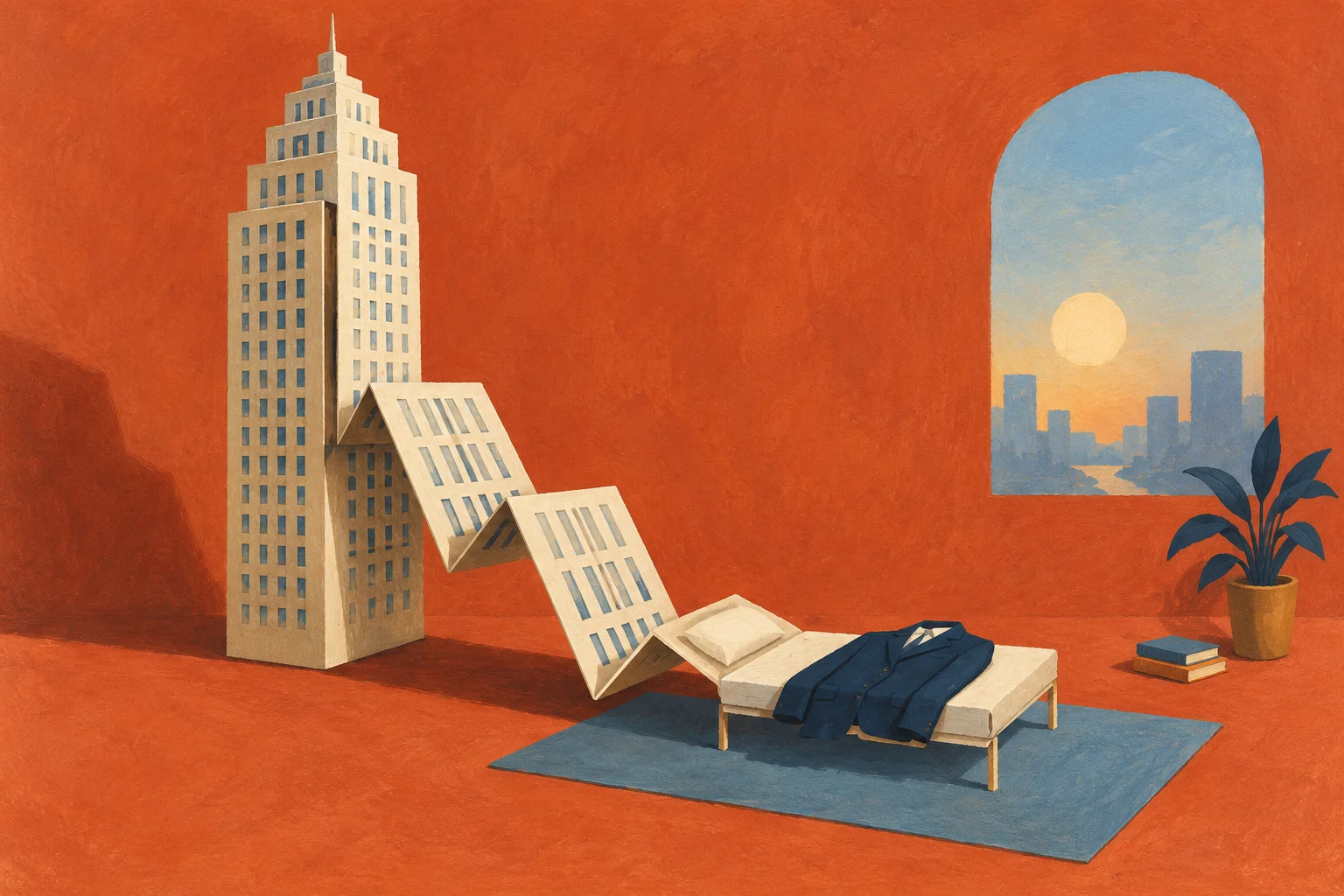 A cream skyscraper folds into a tiny cot with one neatly placed navy suit jacket