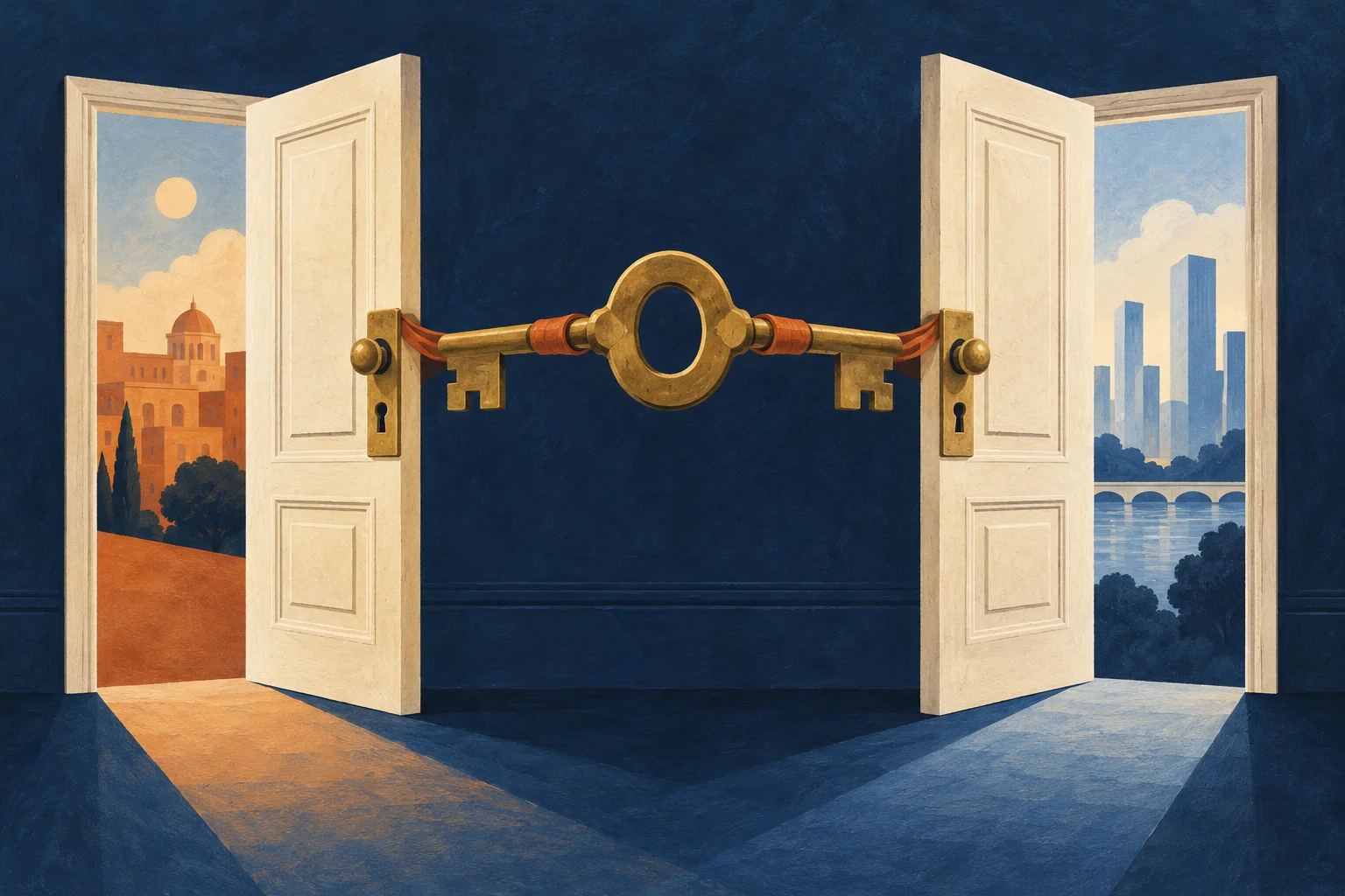 Two elegant cream boardroom doors share a single oversized brass key suspended between them, no people