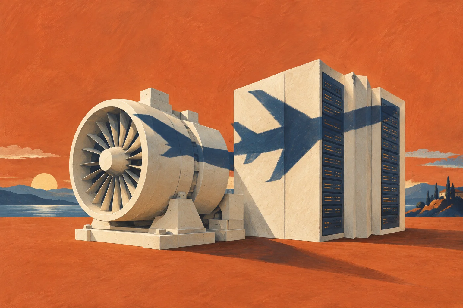 A refined cream stationary turbine sits beside a folded-paper server building; a navy aircraft-shaped shadow crosses both