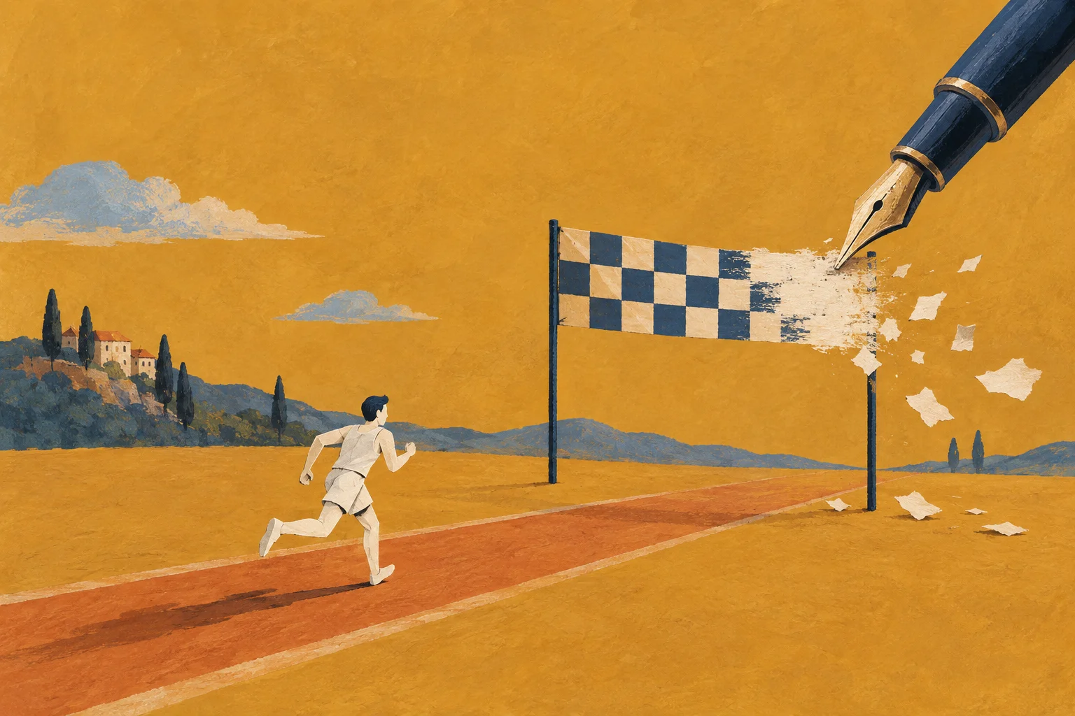 A navy fountain pen erases the finish line ahead of a small cream-paper runner