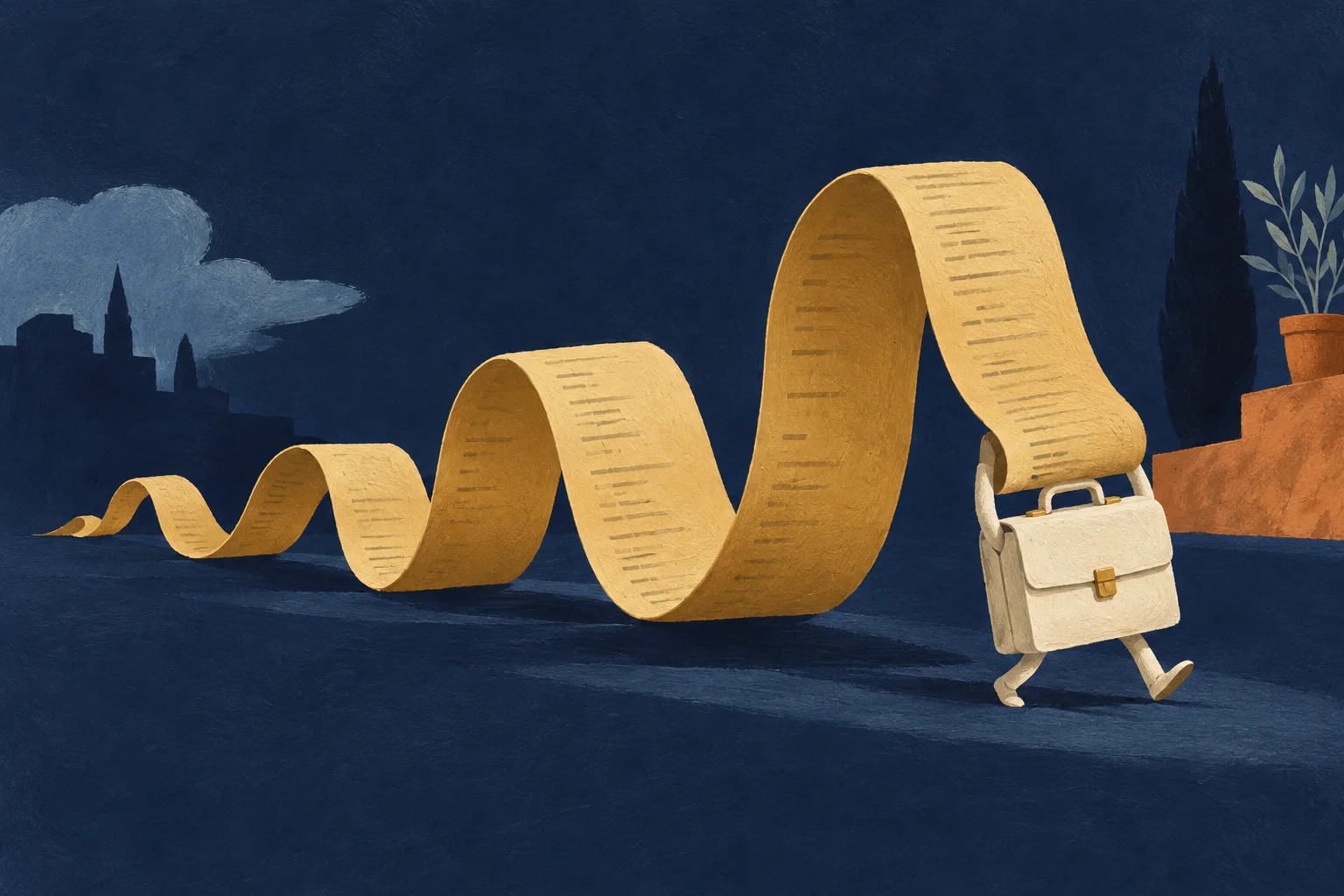 A miniature cream briefcase carries a comically large ochre receipt ribbon