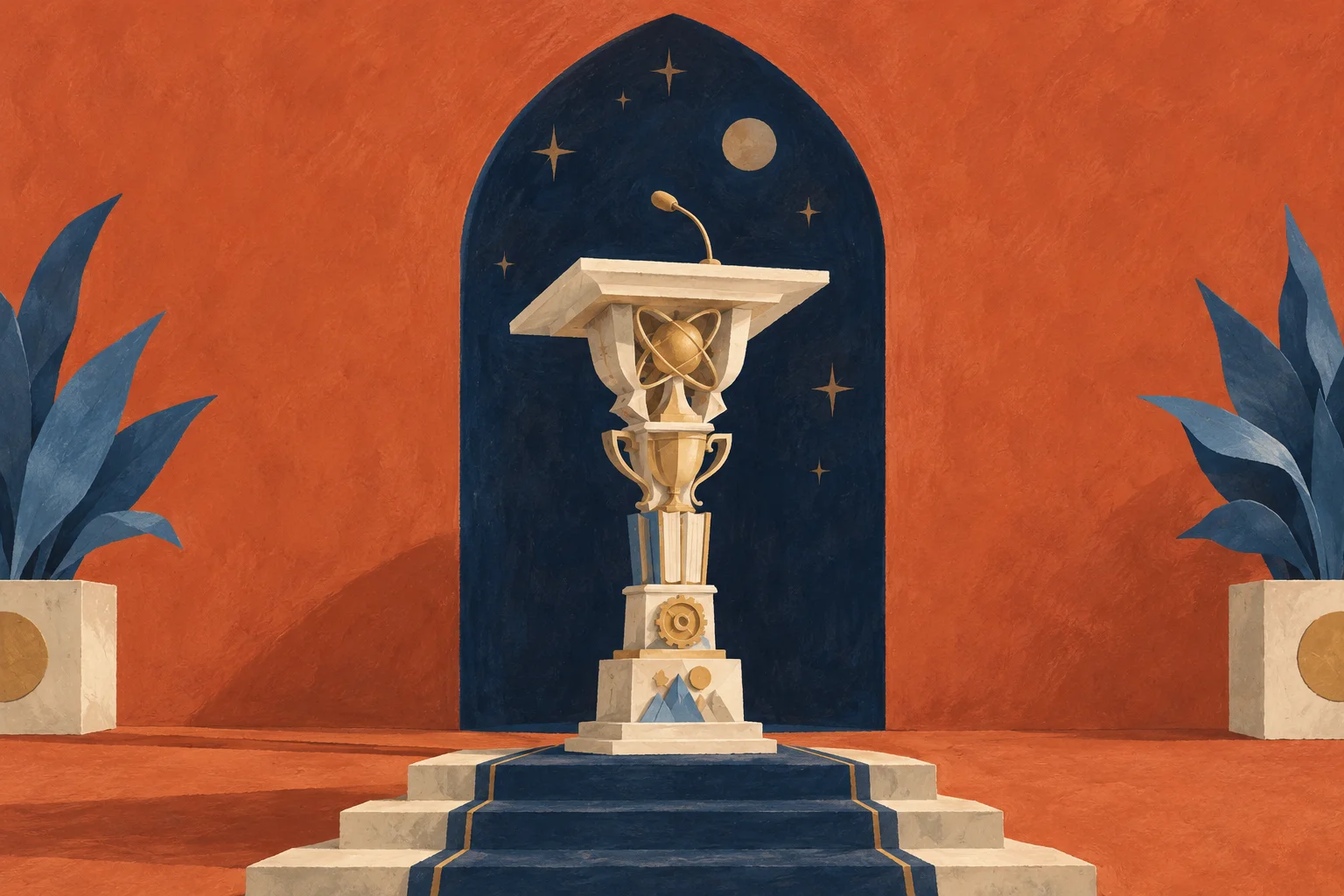 A ceremonial cream lectern assembled from abstract science-fair trophies stands beneath a navy cathedral arch