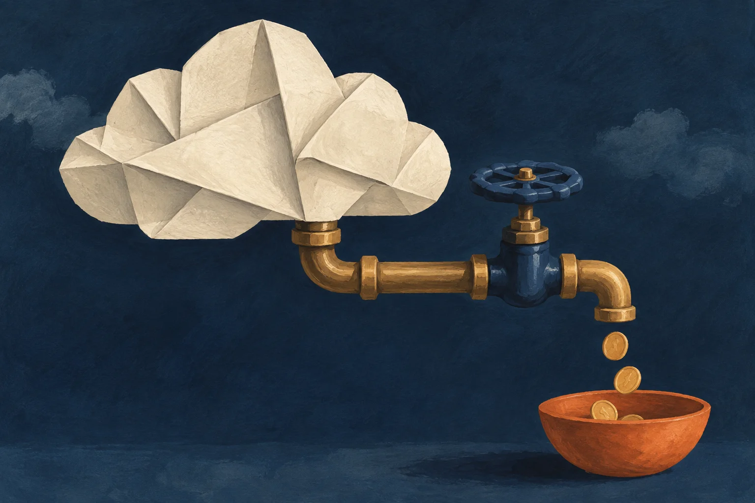 A cloud made of folded cream paper connects to a handsome navy valve and brass pipes