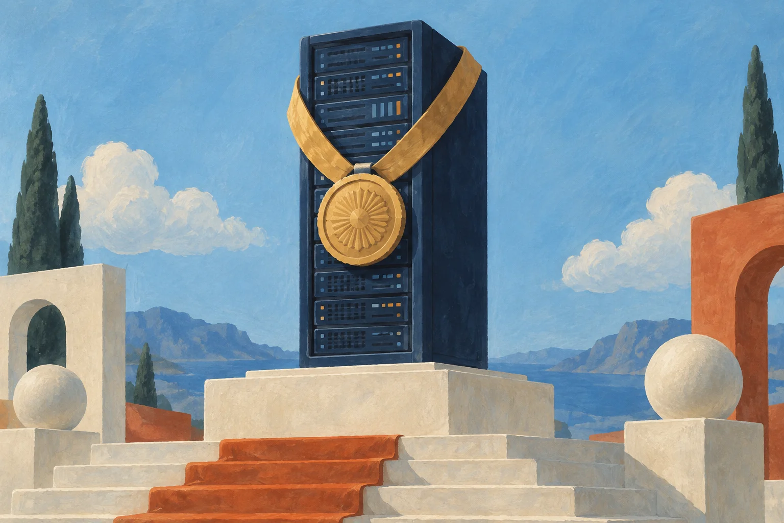An elegant navy server rack wears an oversized ochre price medallion like a ceremonial necklace
