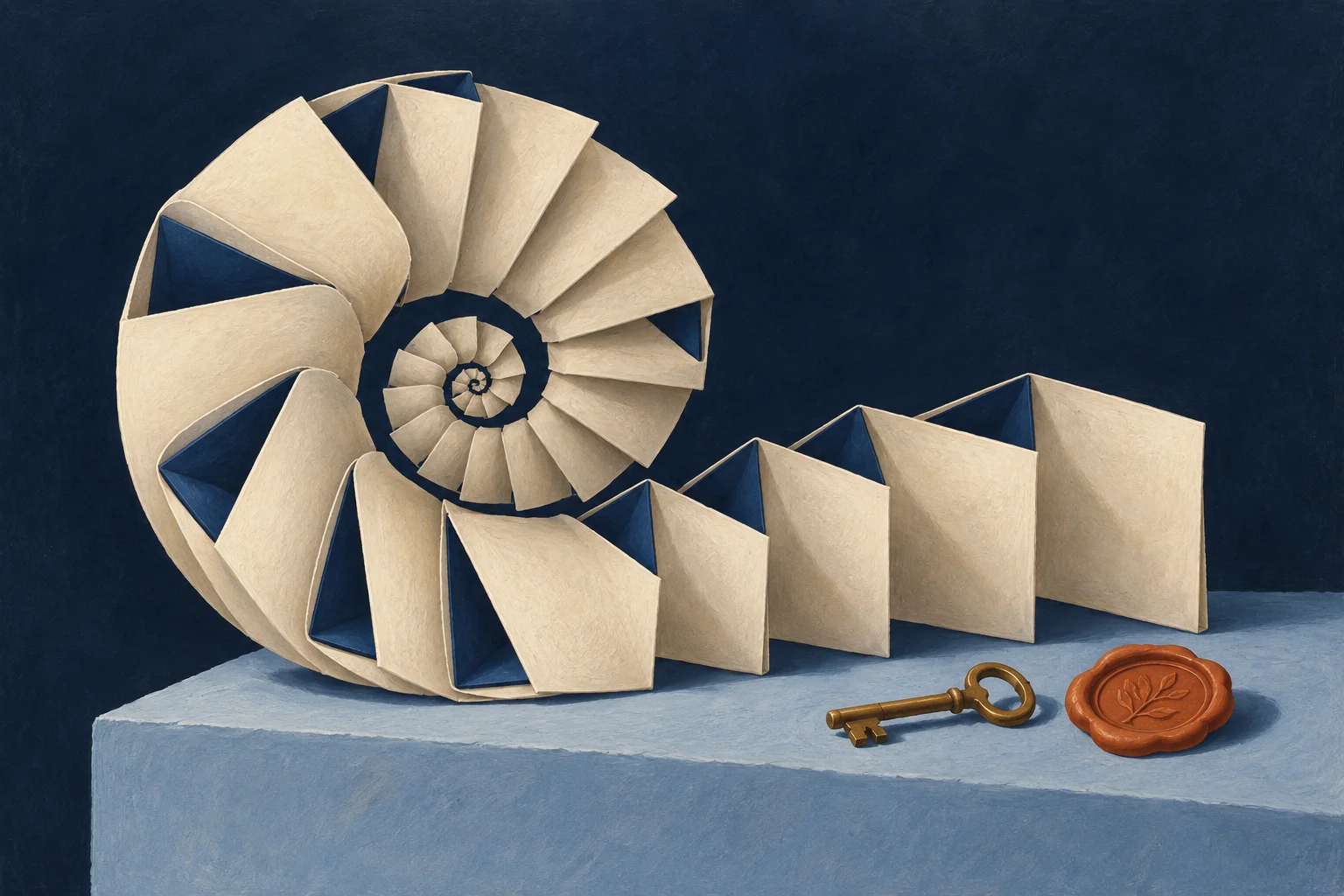 A cream accordion-folded contract forms a spiral shell beside a brass key and terracotta wax seal against a navy background.