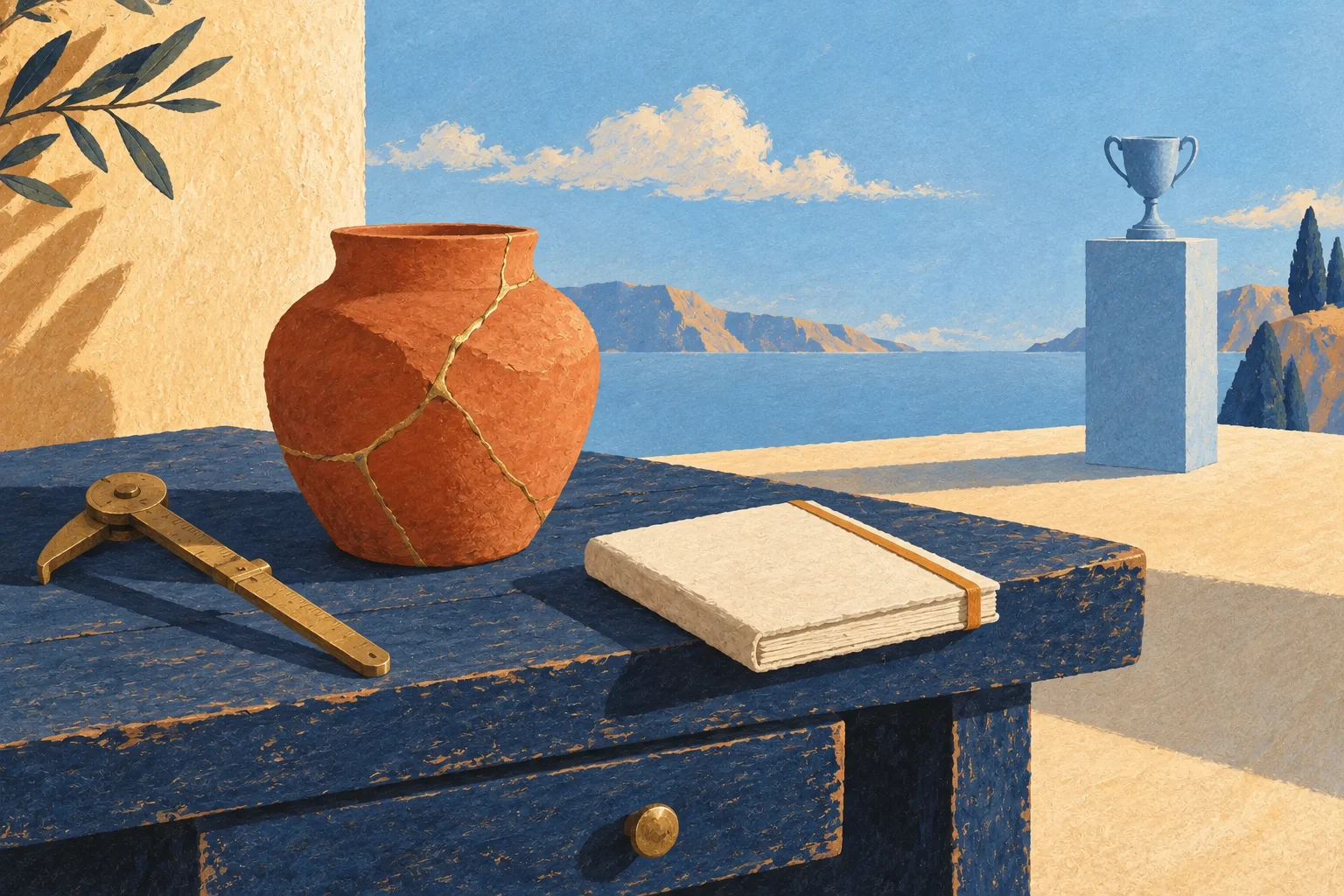 A repaired terracotta vessel, brass tool and cream notebook sit on a worn navy workbench; a blue trophy stands behind.
