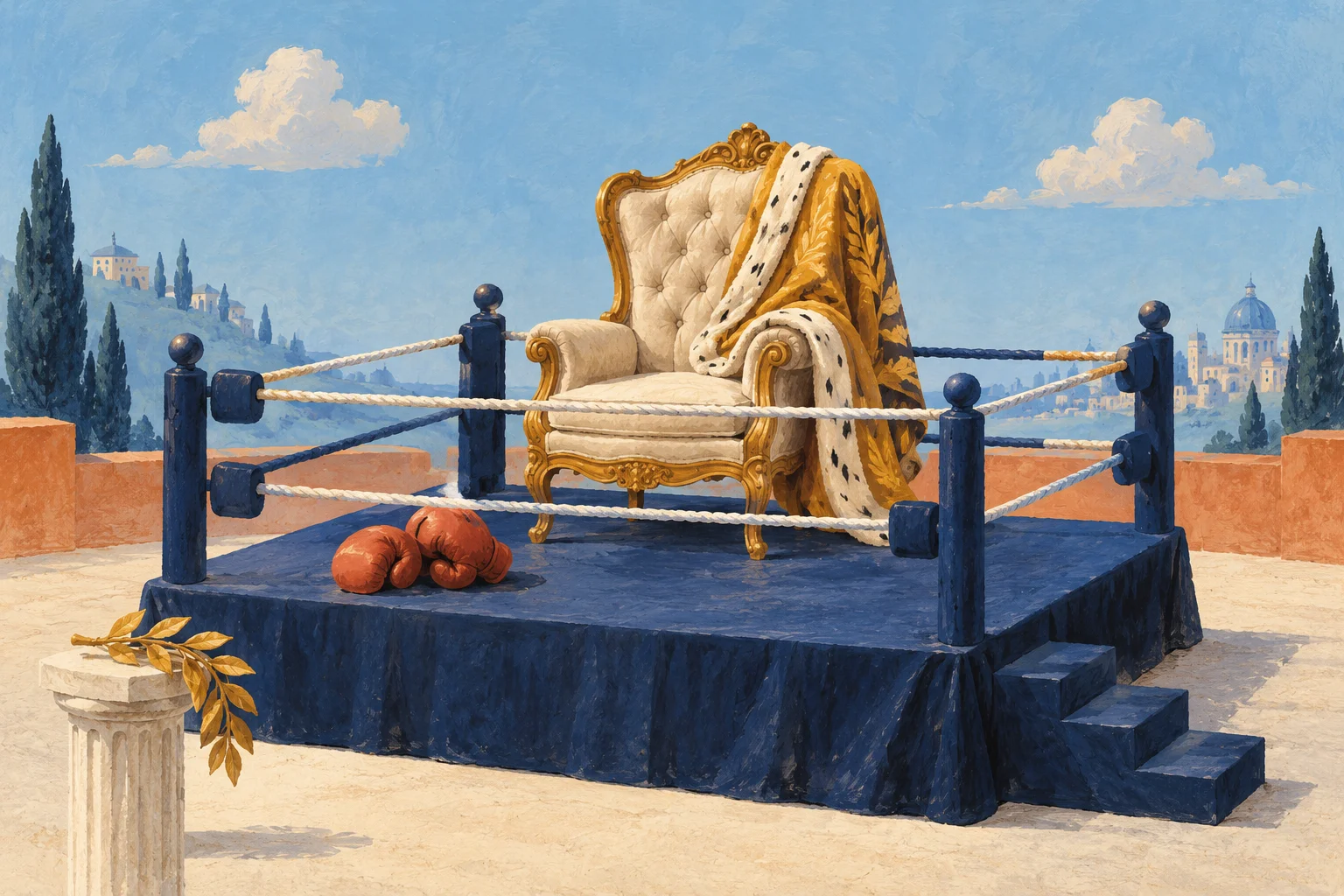 An ornate cream investment chair stands in a miniature navy boxing ring with a golden ceremonial robe over its back