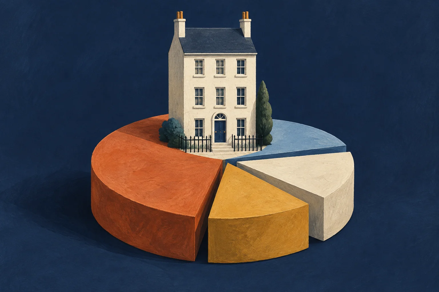 A cream paper townhouse stands atop a circular pie cut into uneven ownership wedges