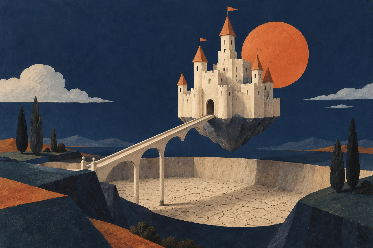 A tiny cream castle floats above a dry paper moat crossed by an elegant narrow bridge