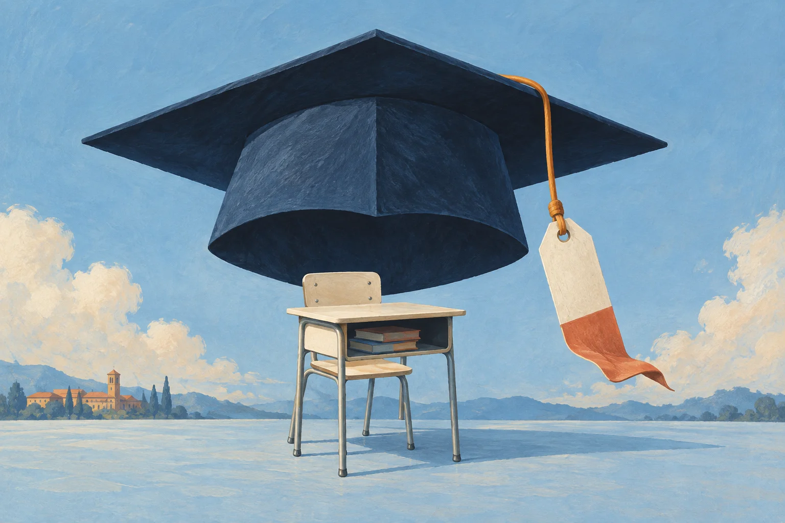 A cream school desk sits under a vast navy graduation cap whose tassel becomes a price-tag ribbon
