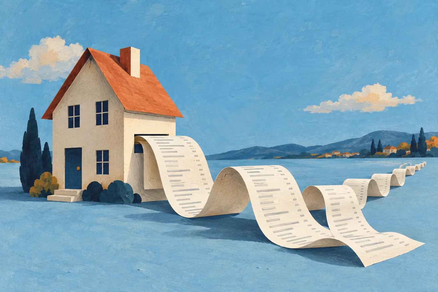 A beautifully folded cream-paper model house has an enormous trailing spool of receipts