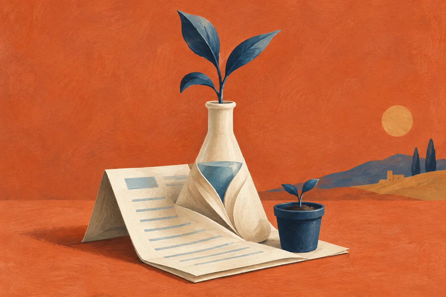 A cream laboratory flask grows from a folded grant application and a small navy seedling pot