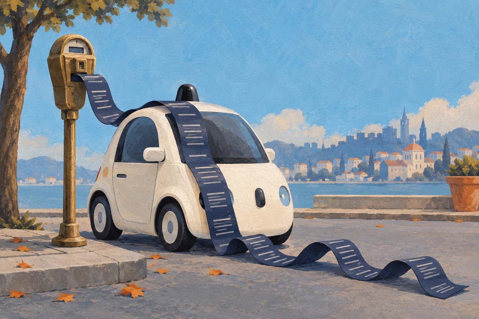 A cream miniature autonomous car wears a long navy parking-ticket ribbon beneath a brass parking meter